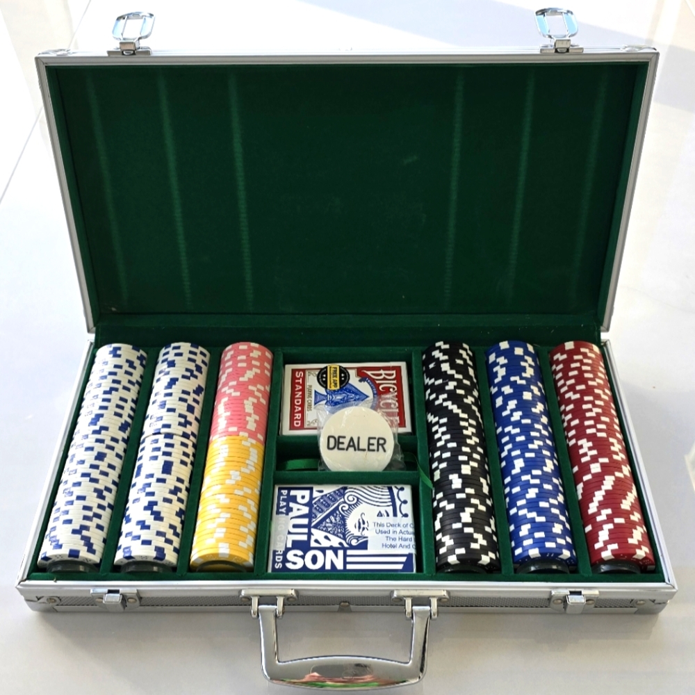Poker Chip Set with Aluminum Case - 300 Chips - Two Card Decks - Dealer Button